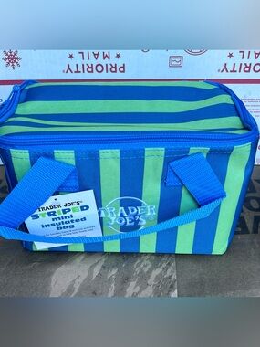 NWT Trader Joe's Striped Mini Insulated Bag - Blue & Lime Green